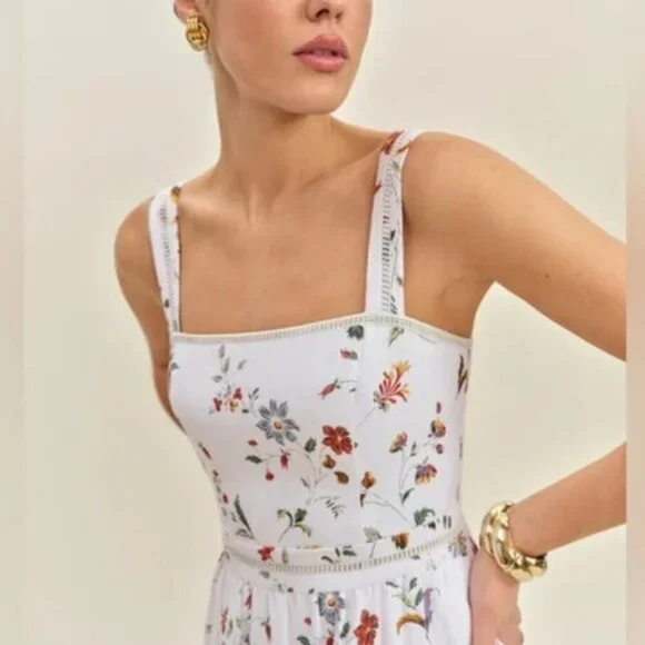NEW Reformation Everett Linen Midi Dress Corsini White Multi FloralUS 2 UK 6